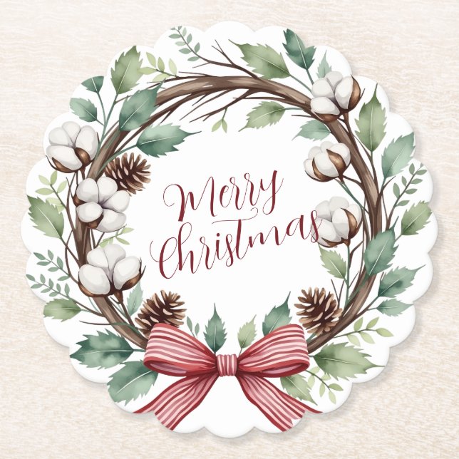 Rustic Christmas Wreath Paper Coaster (Front)