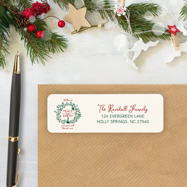 Rustic Christmas Wreath Peace on Earth Holiday (Elegant red and green wreath design with personalized family name & address.
)