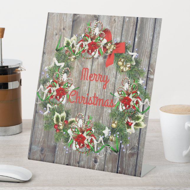 Rustic Christmas Wreath Pedestal Sign (In SItu)