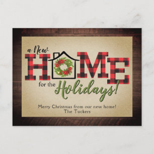 Rustic Christmas Wreath Plaid Wood New HOME Moving Postcard
