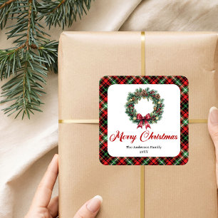 Rustic Christmas Wreath Red Green Plaid Stickers