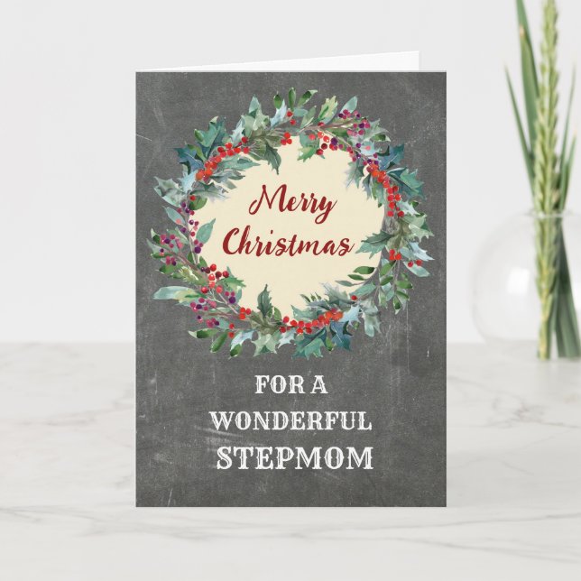 Rustic Christmas Wreath Stepmom Merry Christmas Card (Front)