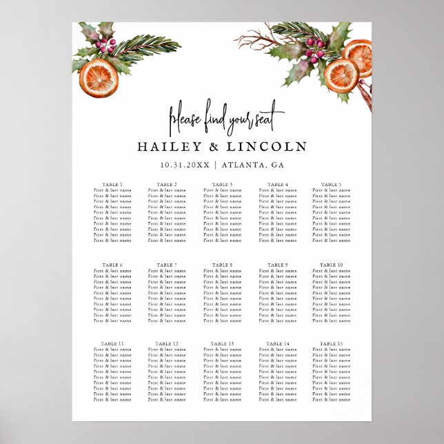 Rustic Christmas Wreath Wedding Seating Chart (Front)