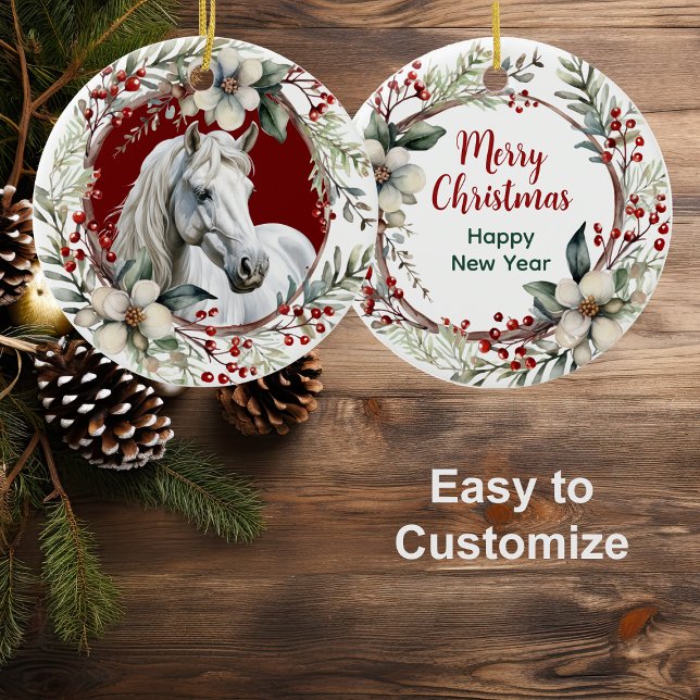 Rustic Christmas Wreath White Horse Ceramic Tree Decoration (Creator Uploaded)