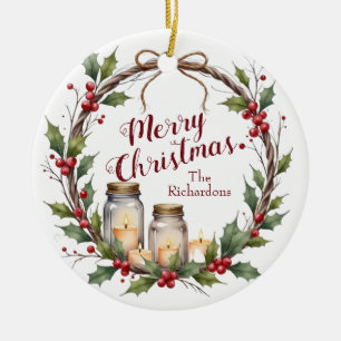 Rustic Christmas Wreath with Holly Ceramic Tree Decoration