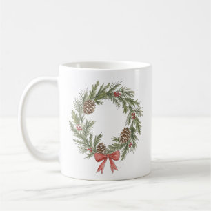 Rustic Christmas Wreath with Pinecones and Red Bow Coffee Mug