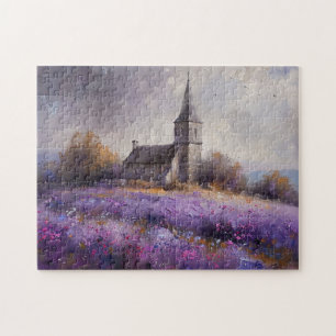 Rustic Church and Purple Wildflower Field Painting Jigsaw Puzzle