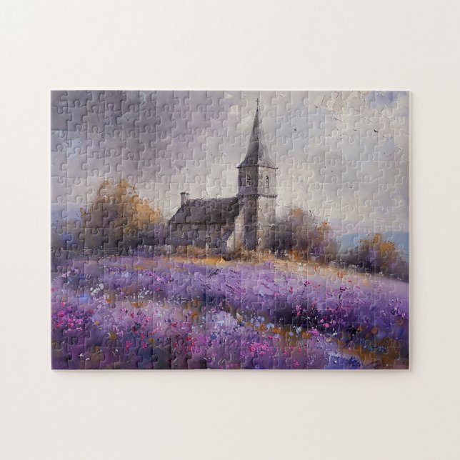 Rustic Church and Purple Wildflower Field Painting Jigsaw Puzzle (Horizontal)