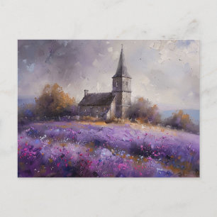 Rustic Church and Purple Wildflower Field Painting Postcard