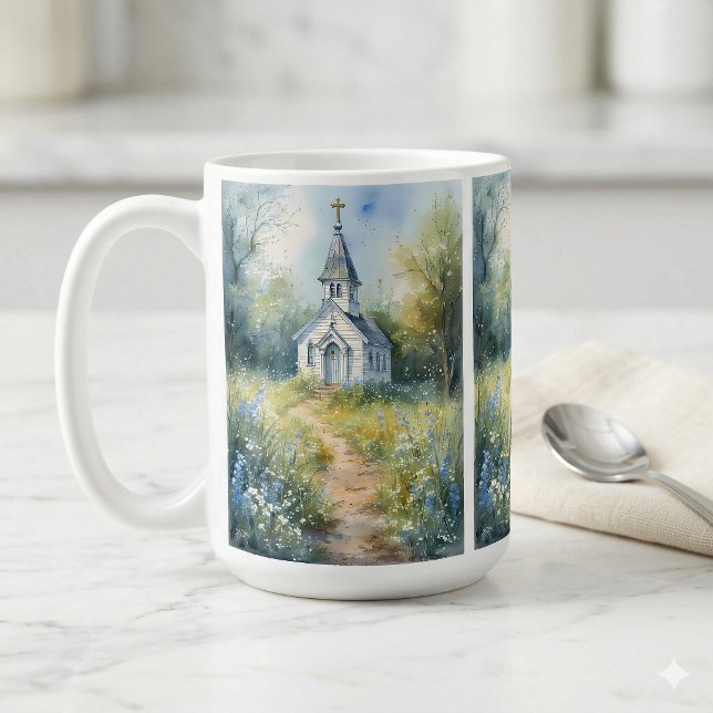 Rustic Church Path in Wildflower Meadow Coffee Mug (Rustic Church Path in Wildflower Meadow Coffee Mug On Kitchen Counter)