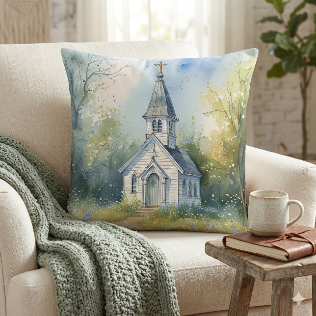 Rustic Church Path in Wildflower Meadow Cushion (Rustic Church Path in Wildflower Meadow Throw Pillow Mockup A)