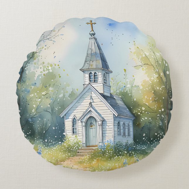 Rustic Church Path in Wildflower Meadow Round Cushion (Front)