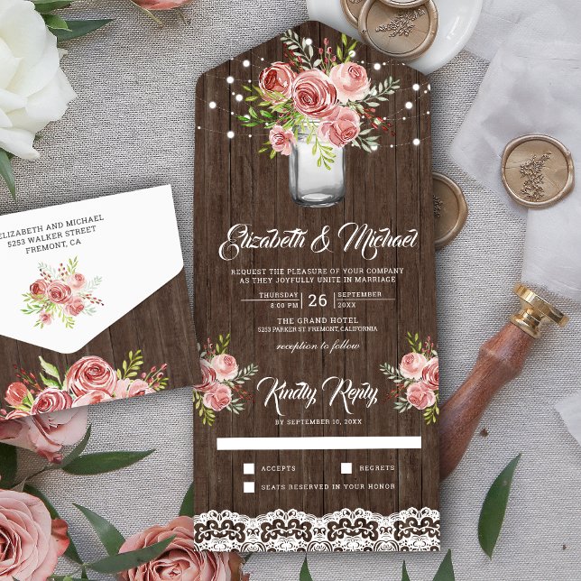 Rustic Cinnamon Rose Floral Mason Jar Wood Wedding All In One Invitation (Creator Uploaded)