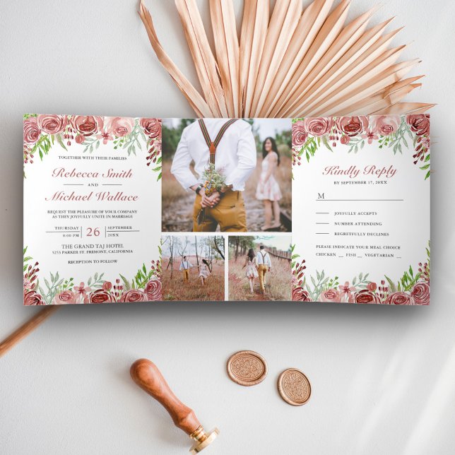 Rustic Cinnamon Rose Floral Photo Collage Wedding Tri-Fold Invitation (Creator Uploaded)
