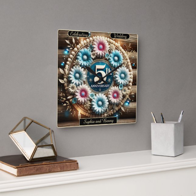 Rustic Circle: Fifth Anniversary Floral Creation Square Wall Clock (Office)