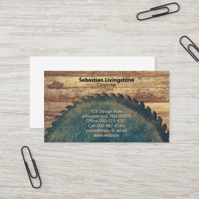 Rustic Circular Saw Carpentry Professional Business Card (Front/Back In Situ)