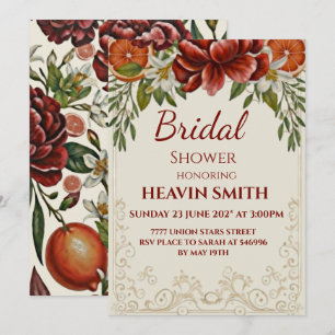 Rustic Citrus and Burgundy Floral Bridal Shower Invitation