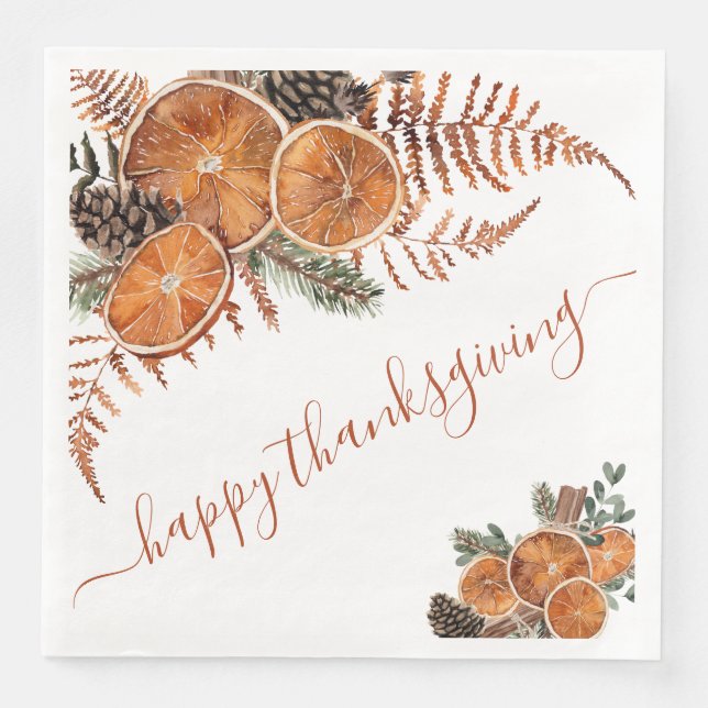 Rustic Citrus And Pine Happy Thanksgiving Napkin (Front)