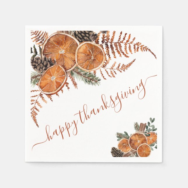 Rustic Citrus And Pine Happy Thanksgiving Napkin (Front)