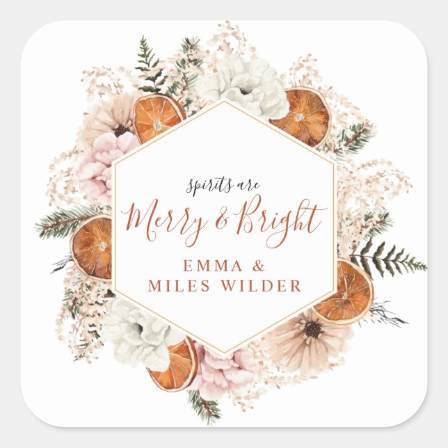 Rustic Citrus Botanical Holiday Party Square Sticker (Front)