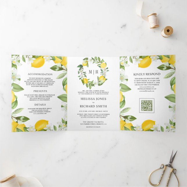 Rustic Citrus Lemon Orchard QR Code Wedding Tri-Fold Invitation (Inside)