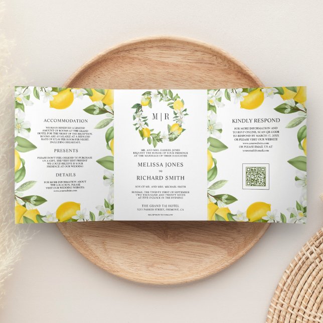 Rustic Citrus Lemon Orchard QR Code Wedding Tri-Fold Invitation (Creator Uploaded)
