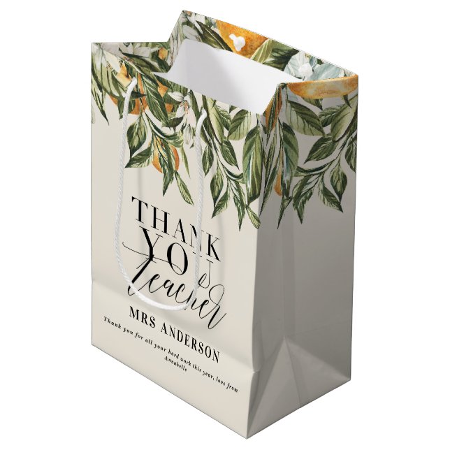 Rustic citrus orange botanical thank you teacher medium gift bag (Front Angled)