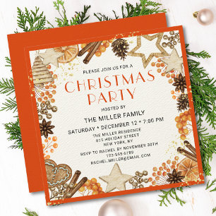 Rustic Citrus Orange Watercolor Christmas Party Invitation