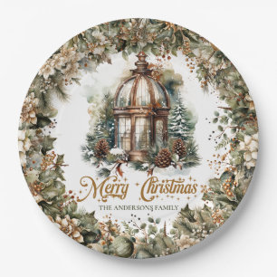 Rustic classic green and gold Christmas lantern Paper Plate