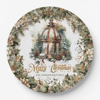 Rustic classic green and gold Christmas lantern Paper Plate