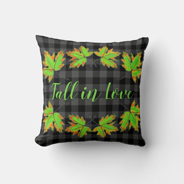 Rustic classic grey plaid maple leaves cushion (Front)