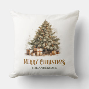 Rustic classic sage green and gold Christmas tree  Cushion