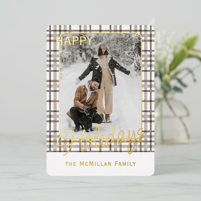 Rustic Classy Elegant Plaid Pattern Gold Foil Holiday Card (Standing Front)
