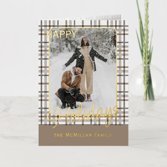 Rustic Classy Elegant Plaid Pattern Gold Foil Holiday Card (Front)