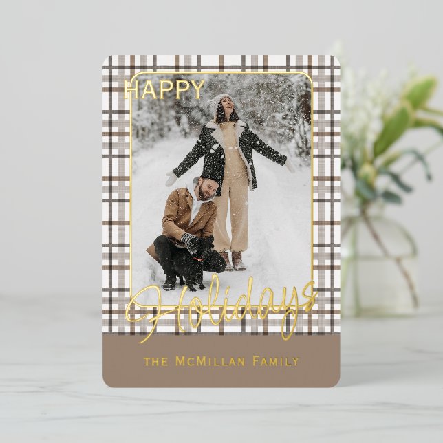 Rustic Classy Elegant Plaid Pattern Gold Foil Holiday Card (Standing Front)
