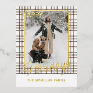 Rustic Classy Elegant Plaid Pattern Gold Foil Holiday Postcard
