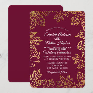 Rustic Classy Gold Cranberry Autumn Leaves Wedding Invitation