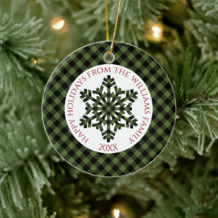 Rustic Classy Green Black Tartan Checks Snowflakes Ceramic Tree Decoration