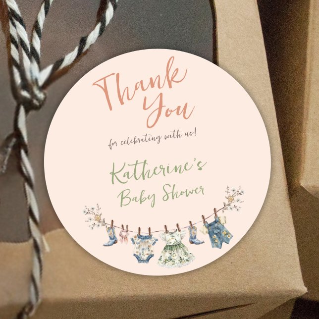 Rustic Clothesline Baby Shower Thank You Gift Classic Round Sticker (Creator Uploaded)