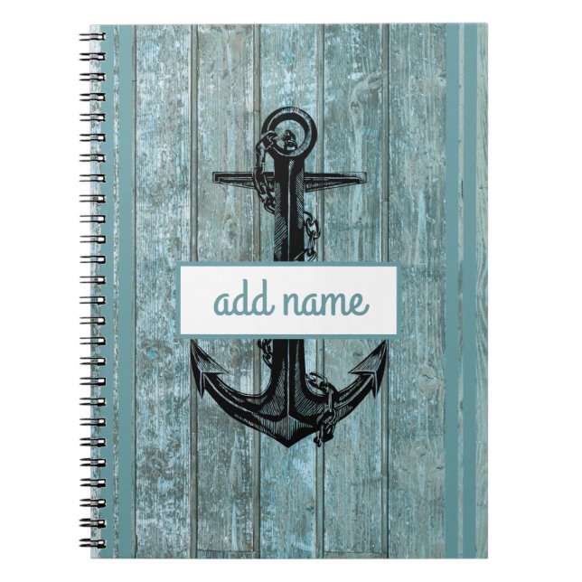 Rustic Coastal Anchor Light Blue Name Nautical Notebook (Front)