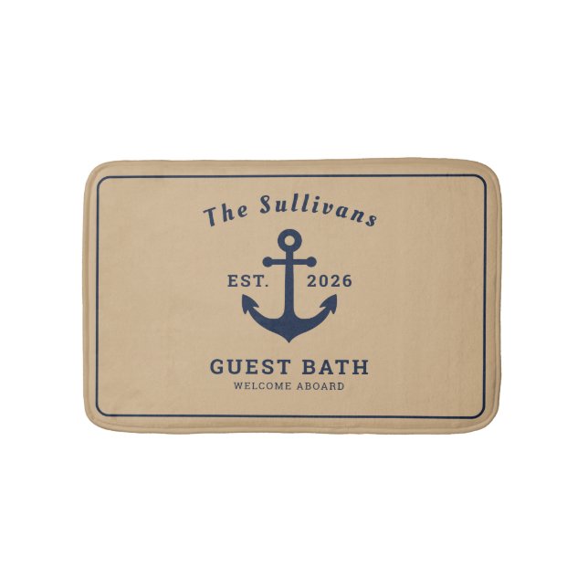 Rustic Coastal Anchor Navy Tan Custom Name Bath Mat (Front)