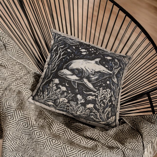 Rustic Coastal Art Nouveau Dolphin Underwater Cushion (Creator Uploaded)