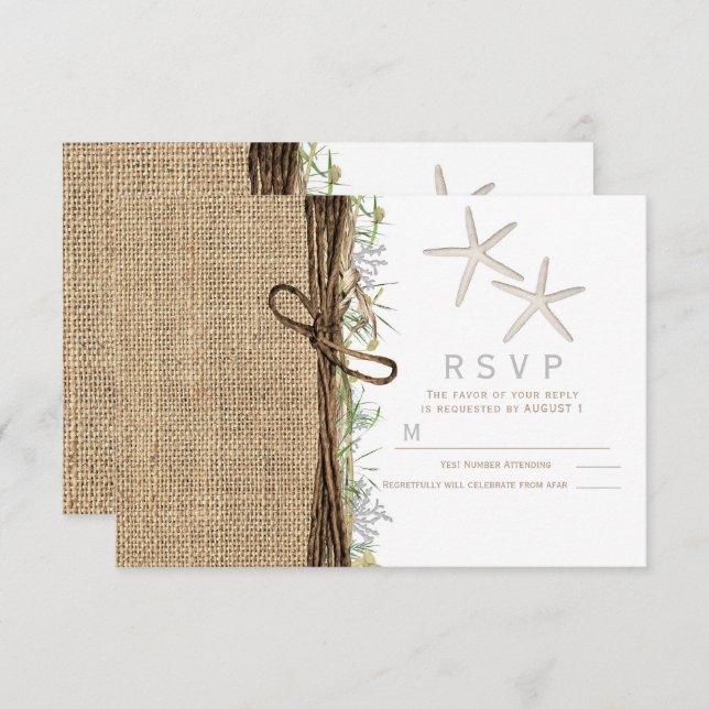 Rustic Coastal Beach Starfish Burlap Wedding RSVP  Invitation (Front/Back)