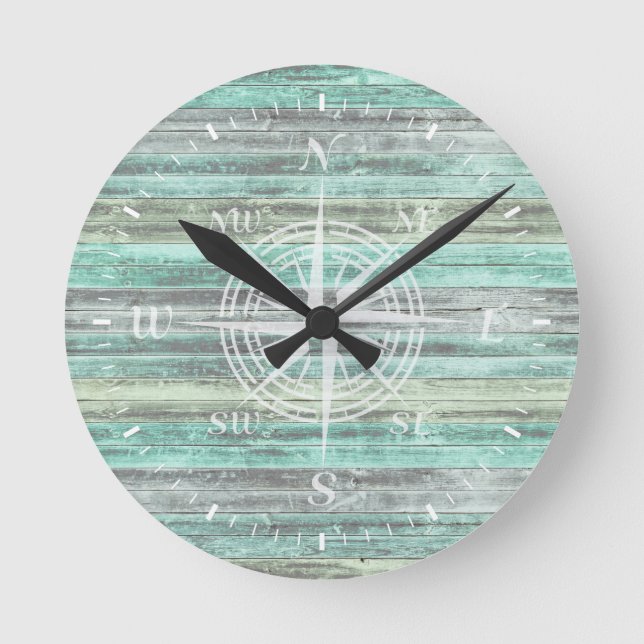 Rustic Coastal Decor Compass Rose Round Clock (Front)