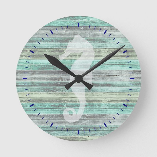 Rustic Coastal Decor Seahorse Round Clock (Front)