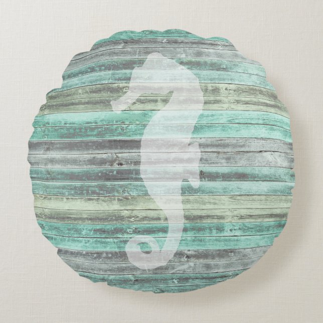 Rustic Coastal Decor Seahorse Round Cushion (Front)