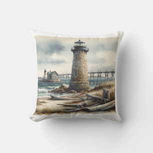 Rustic Coastal Lighthouse Seaside Beach Cushion