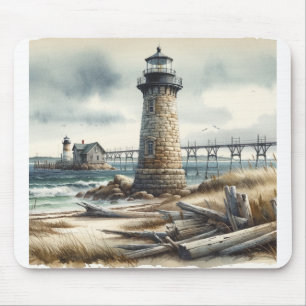 Rustic Coastal Lighthouse Seaside Beach Mouse Mat