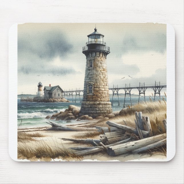 Rustic Coastal Lighthouse Seaside Beach Mouse Mat (Front)