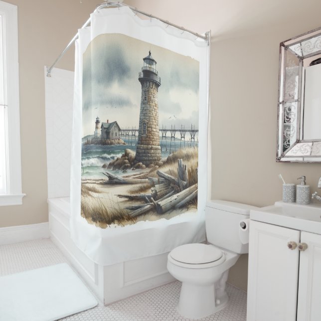 Rustic Coastal Lighthouse Seaside Beach Shower Curtain (In Situ)